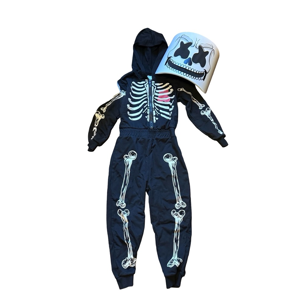 Spirit Halloween Marshmello Costume Kids Small 4-6 Black Skeleton Jumpsuit Mask